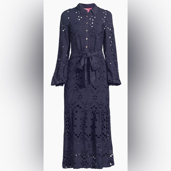 Lilly Pulitzer Zia Eyelet Midi Shirtdress Navy Blue Size 10 - Picture 2 of 11